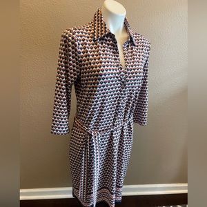 Max Edition Tie Belt Dress M Red White Blue Stretch Polyester Knee Length NEW